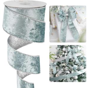 HUIHUANG Blue Velvet Wired Ribbon 2.5 inch Dusty Blue Velvet with Glitter Silver Christmas Ribbon for Tree Decorations, Bows, Wreaths, Garlands, Home Decor- Continuous 10 Yards
