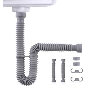 iFealClear 2 Pack P-Trap Drain Pipe, Flexible Sink Drain Pipe with 4 Rubber Sealing Rings, Expandable 11"-34.5" P Trap Tube Fits 1-1/2'', 1-1/4'' Holes for Kitchen, Bathroom, Garbage Disposal, Gray (Grey Color)