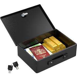 Joinfworld Fireproof Document Box 13"x9"x4" Metal Lock Box with Keys for A4 Paper, Securely Storing, Cash, Passport, Personal Items Black