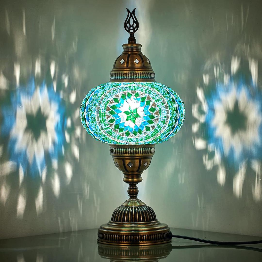 DEMMEX 6.5" Big Globe Turkish Moroccan Mosaic Table Lamp, Tiffany Style Colorful Glass Mosaics Exotic Oriental Mediterranean Bedside Lamp, LED Bulb Included for US/CA, Handmade, 14" Height, Teal