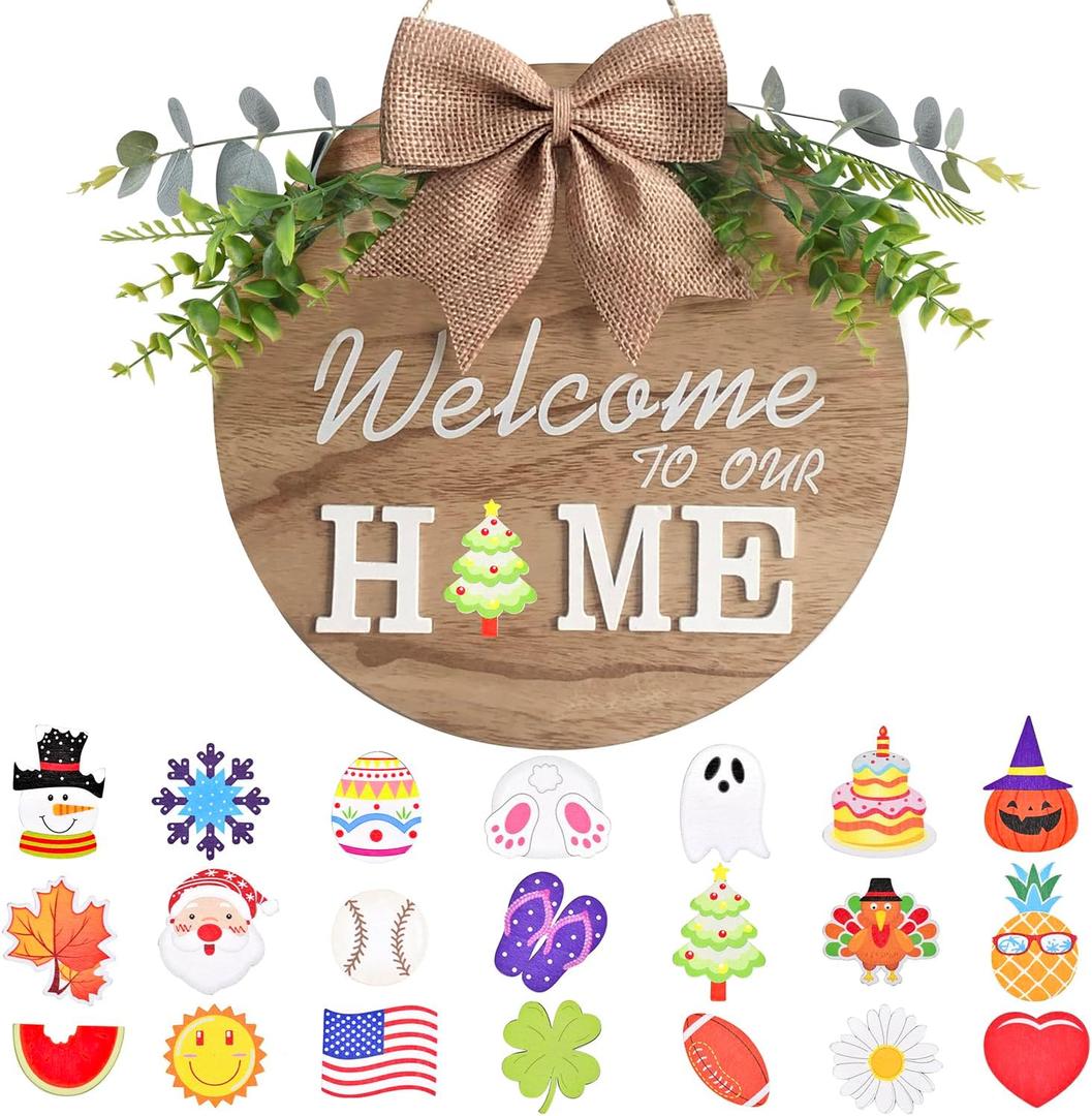 Interchangeable Welcome Home Sign, Seasonal Front Porch Door Decor With 21 Changeable Icons for Halloween /Christmas/Independence Day, Rustic Wood Wreaths Wall Hanger for Housewarming Gift (12in) (Brown)