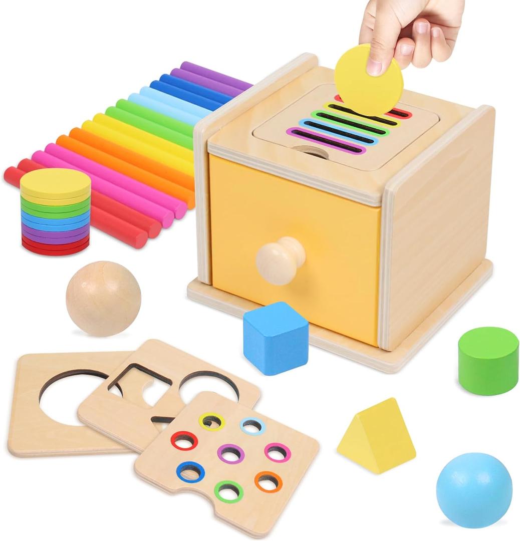 YHHYTOY Montessori Toys for 1+ Year Old, 4 in 1 Object Permanence Coin Box, Ball Drop Color Sorting Sensory Fine Motor Skills Toys Shape Sorter for Toddlers 1-3, Gifts for 1 2 3 Year Old Girls Boys