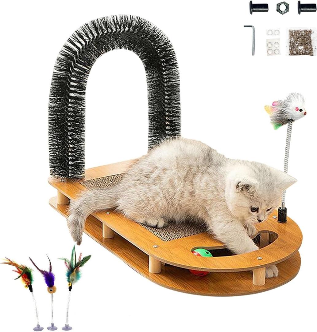 Cat Scratching Board with Cat Arch Self Groomer and Kitty Ball Toys, Cat Scratcher Cardboard for Indoor Cats, Eco-Friendly Wood, Durable, Stable and Non-Slip, Kitten Scratcher Pad (U-Shaped)