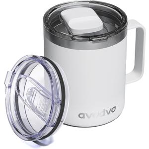 12oz Insulated Coffee Mug with Lid  Includes Two Lids, Stainless Steel Coffee Travel Mug with Handle, Double Wall Vacuum Insulated Camping Mug for Home, Office & Outdoor, White