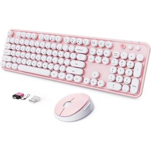 Wireless Keyboard and Mouse Combo, Ergonomic Full Size Typewriter Retro Round Keycaps Keyboard, Compatible with Windows, PC, Perfer for Home and Office Keyboards (Lovely Pink)