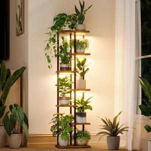Bamworld Plant Stand with Grow Light for Indoor Plants Corner 7 Tier Metal Plant Shelf Wood Flower Stand for Home Living Room Decor Patio Decor, Brown 