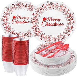 Shellwei 210 Pcs Christmas Dinnerware Sets, Christmas Disposable Plates Includes 30 Dinner Plates 30 Cups 30 Dessert Plate 30 Papers Napkins 30 Forks Knives Spoons for Xmas Party Supplies
