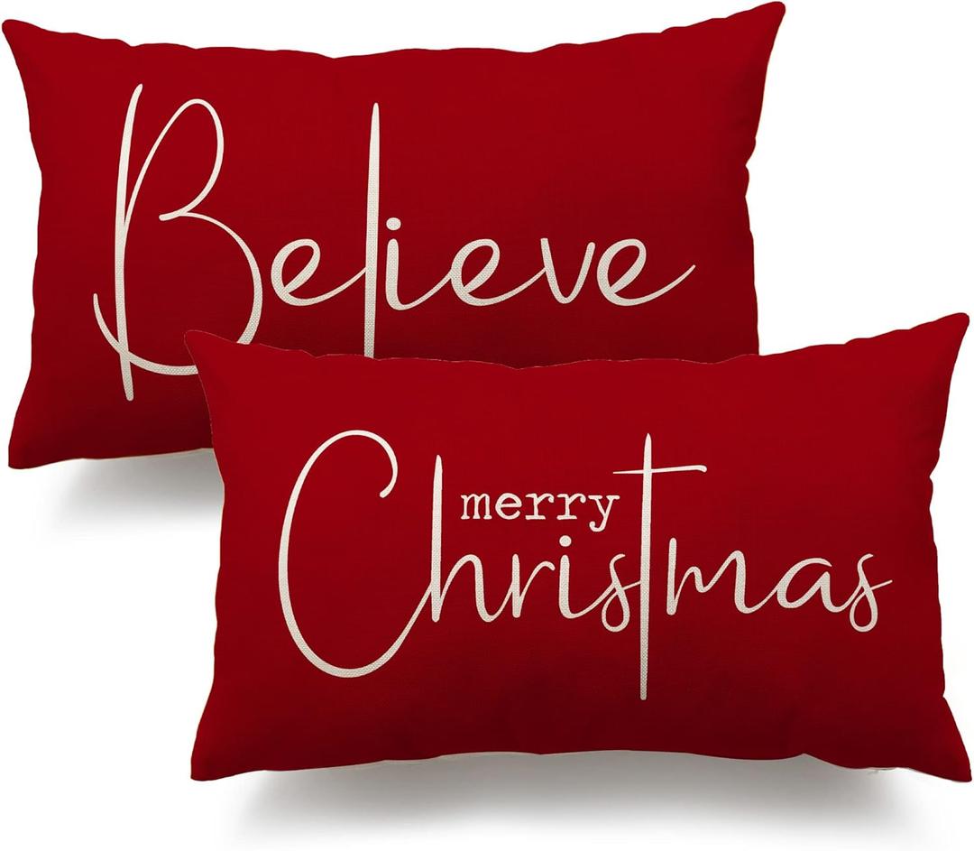 DFXSZ Christmas Throw Pillow Covers 12x20 Inch Set of 2 Merry Christmas Farmhouse Decorations Believe Holiday Decor Throw Cushion Case for Home Couch (B1)