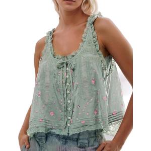 Women Summer Boho Lace Tie Front Tank Beach Vacation Top Button Down Sleeveless Cardigan Crop Y2k Tops Clothes 2026, Size: Medium