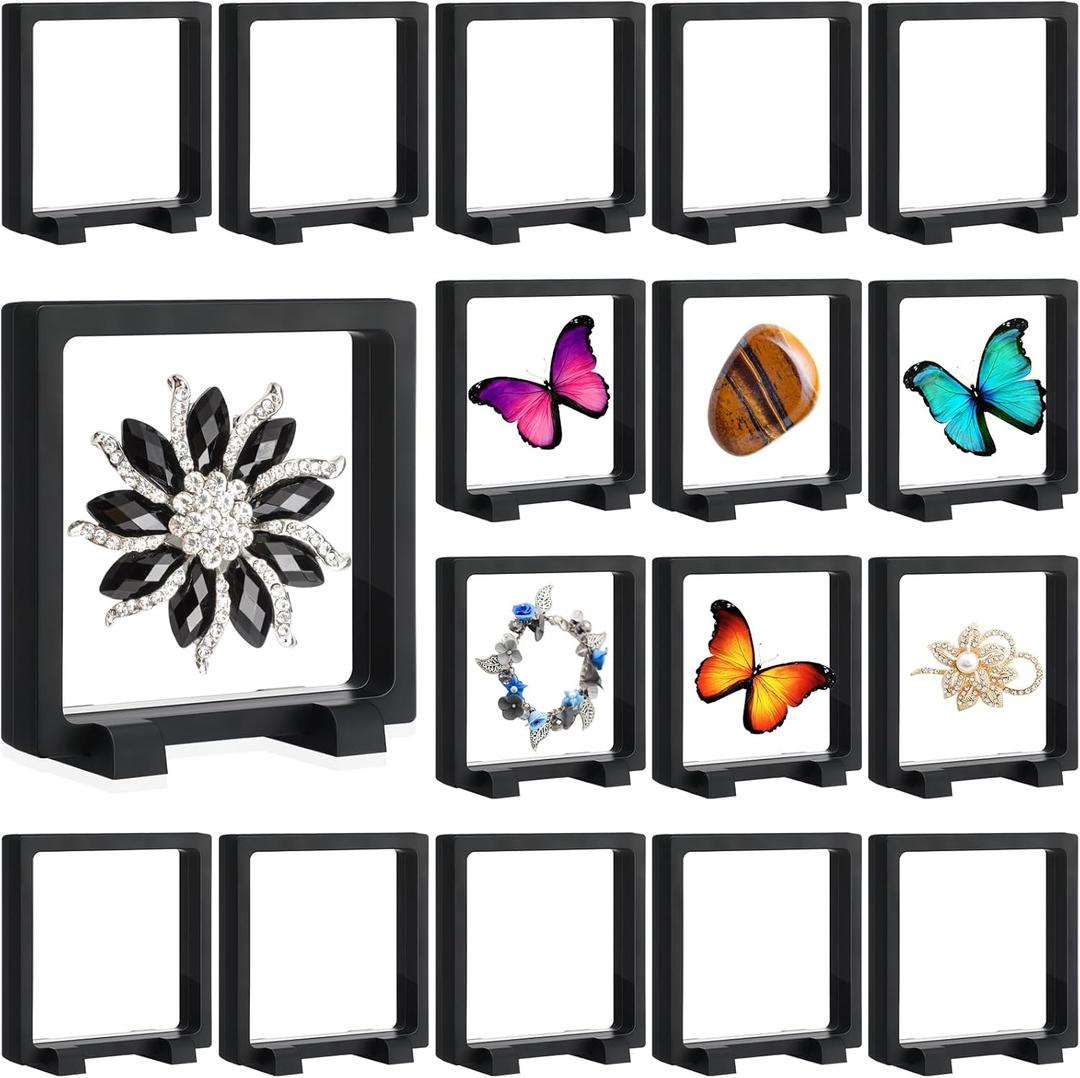 Harloon 12 Pcs 3D Floating Display Case Floating Frame Display Holder Stand Challenge Coin Jewelry Frame Box for AA Medallions Fossil Rock Gemstones Specimen(Black,4.3 x 4.3 x 0.8 Inch,Square Base)