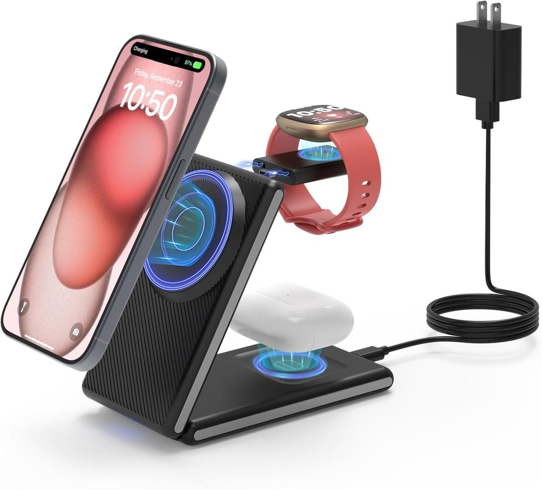 GEEKERA 3 in 1 Magnetic Wireless Charging Station for Fitbit Watch, Foldable Wireless Charger Stand for iPhone 16/15/14/13/12 Pro Max, Fitbit Watch Versa 4/Versa 3/Sense 2/Sense, AirPods 3/2/Pro (Black)