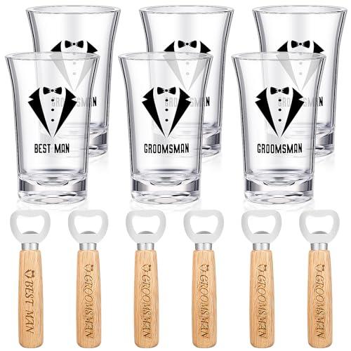 Didaey 12 Pcs Groomsmen Shot Glasses and Beer Bottle Opener Set Include 6 Best Man Shot Glasses and 6 Bottle Opener Bulk Groomsman Proposal Gifts for Wedding Favor