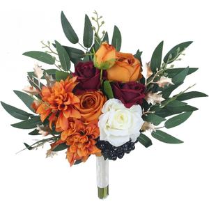 Rinlong 1Pc Fall Wedding Bouquets for Bridesmaids Burnt Orange Bridesmaid Artificial Flowers Terracotta Bouquet Wedding Prom Homecoming (one)