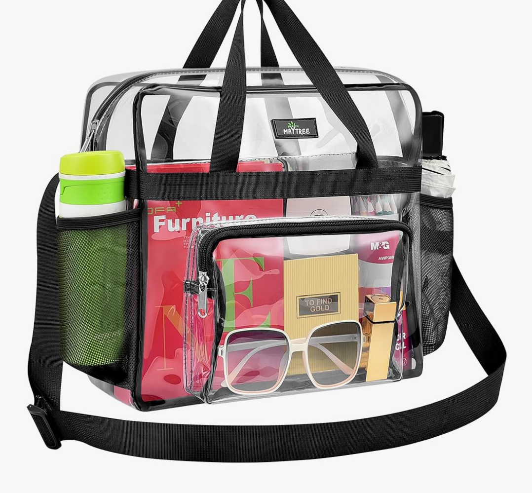 MAY TREE Clear Bag for Stadium Events 12×6×12 Clear Tote Lunch Bag with Reinforced Strap for Work, Concert and Sports, Black