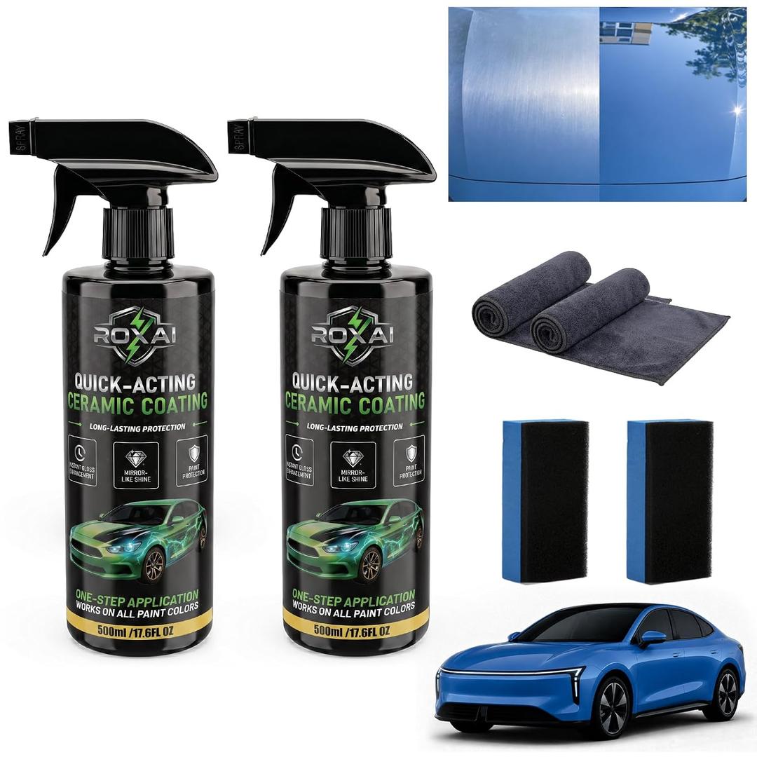 ROXAI 2PCS Car Coating Spray,Hydrophobic Ceramic Spray Wax for Paint Protection, Quick Detailer Waterless Wash & Sealant, Adds Gloss & Smoothness, Long-Lasting Shine for Cars, Trucks, SUVs (EXP 03/29/29)