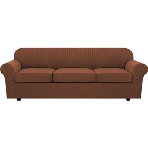 H.VERSAILTEX 4 Piece Stretch Sofa Covers for 3 Cushion Couch Covers for Living Room Furniture Slipcovers (Base Cover Plus 3 Seat Cushion Covers) Thicker Jacquard Fabric (Large Sofa, Caramel)