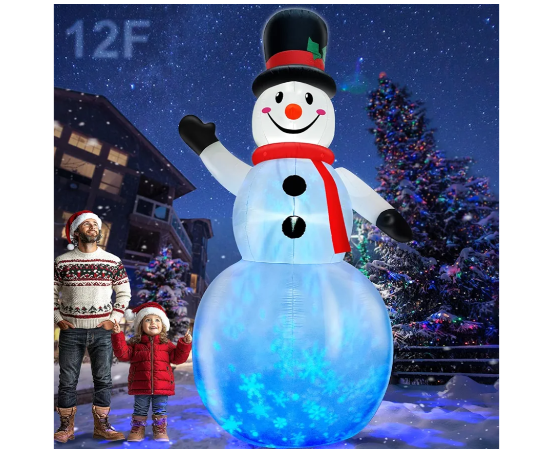 Rotating Snowflake Lights 12 Ft Giant Christmas Inflatables Snowman with Builtin LED Lights Christmas Decorations Outdoor Xmas Blow Up Snowman for Yard Garden Holiday Party Decor