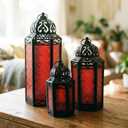 VELA LANTERNS Set of 3 Red Glass & Black Metal Moroccan Candle Lantern Holders (XL, Large, Small) - Decorative Indoor/Outdoor Decor for Patio, Floor, Weddings & Ramadan