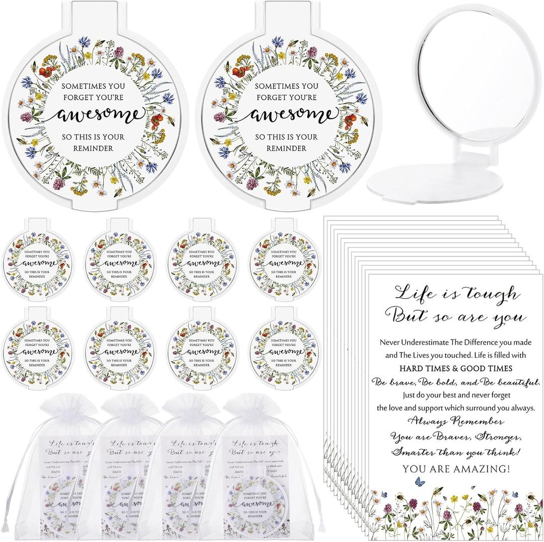 25 Set Inspirational Compact Mirrors for Women Bulk Sometimes You Forget You're Awesome Motivational Double Sided Folding Pocket Mirror for Employee Coworker Staff Mom Birthday(Wildflower)