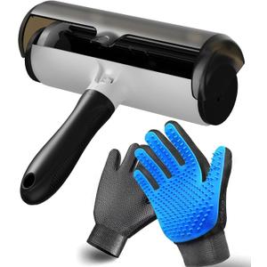 Pet Hair Remover & Pet Grooming Gloves Set - Deshedding Brush for Cats/Dogs, Reusable Lint Roller Brush for Cats,Dogs - Furniture, Car, Couch, Clothes and Bedding (Hair removal roller + gloves)
