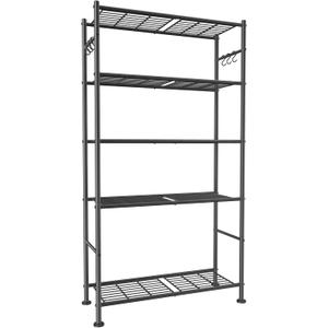 Sakugi Storage Shelves - 5-Tier Large Capacity Shelf Organizer with Hooks, Heavy-Duty Garage Shelving with Leveling Feet, Wobble-Free Rack for Bedroom, Balcony, Garage, 32.1"12.4"71.4", Black