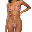 Women Halter String Bikini Set Sexy Thong Cheeky Two Piece Swimsuits Solid Color Bathing Swimwear (Small, Red Flower)