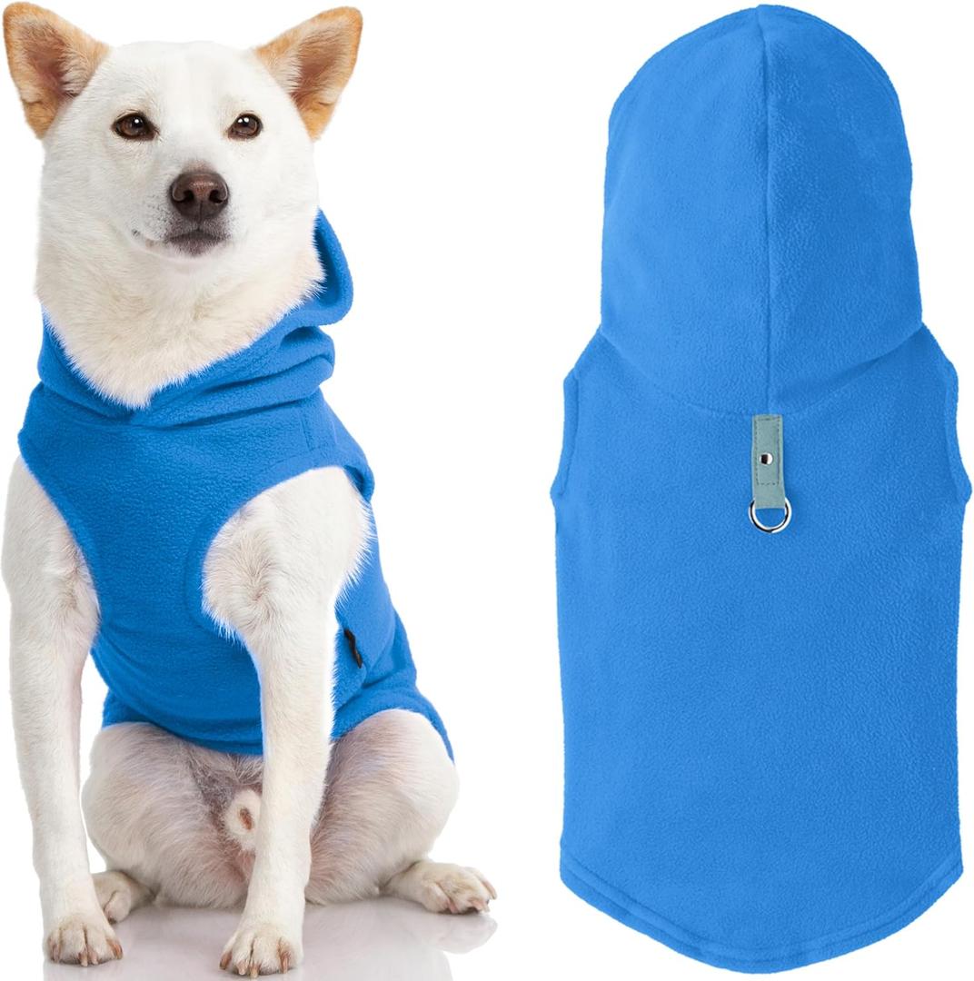 Gooby Fleece Vest Hoodie Dog Sweater - Blue, Large - Warm Pullover Dog Hoodie with O-Ring Leash for Small to Medium Dogs L