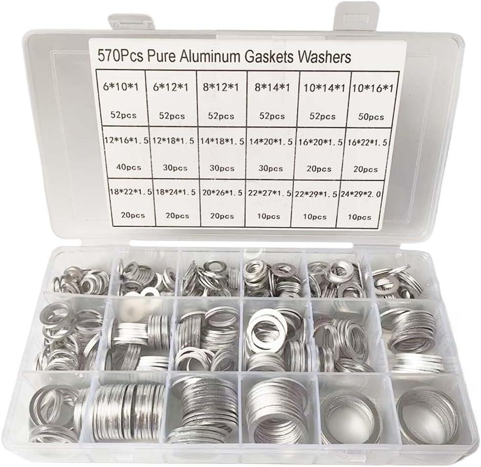 570PCS Automotive Oil Crush Washers, Aluminum Oil Drain Plug Gaskets, 18 Sizes Flat Washers Assortment Set, M6 M8 M10 M12 M14 M16 M18 M20 M22 M24