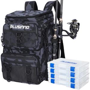 PLUSINNO Fishing Backpack with Rod Holders Tackle Box, 42L Large Water-resistant Fishing Tackle Bag Store Fishing Gear (Black Camo4 Tackle Boxes Included)