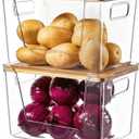Criusia 2 Set Pantry Organizers and Storage with Bamboo Lids, Stackable Clear Bins for Onion, Potato, Fruit, Vegetables, Trash Bag Dispenser, Kitchen and Under Sink Organizer (2 Pack Large)