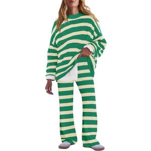 LAMISSCHE Oversized Womens Lounge Set Striped Sweater Set Long Sleeve 2 Piece Pajama Set Top and Pants with Pockets (Large, Green & Cream)