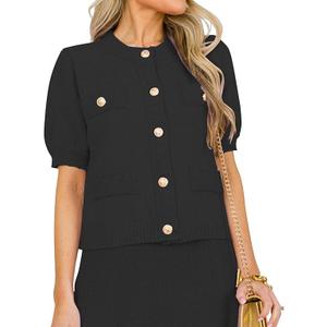 Women's Button Down Knit Cropped Cardigan Short Puff Sleeve Crewneck Casual Open Front Sweater Tops with Pockets  S