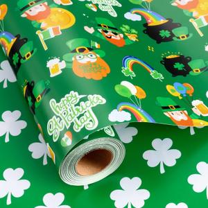Homeral Green St. Patrick's Wrapping Paper - Mini Roll - 17 Inch x 33 Feet - Saint Patrick, Rainbows, Beer and Lucky Coins & Clover Reversible Gift Wrap for Saint Patrick's Day