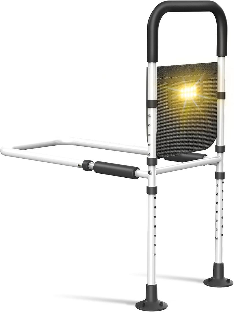 Bed Rails for Elderly Adults Safety: Adjustable Heights Assist Side Bed Rail with Motion Light & Storage Bag - Bed Railing Handle Support Bar Guard Rails Hold up to 350 Lbs for King Queen Full Twin (Black+white)