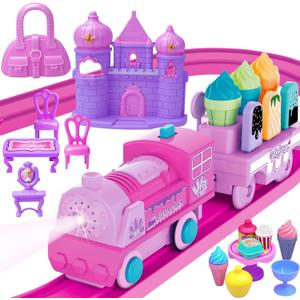 Tracks Car Toys Set for Age 2 3 4 5 6 7 Year Girls Toddler, Pink Princess Train Set Toys for Kids with Light & Music, Track Vehicle Toy Girl Birthday Gift