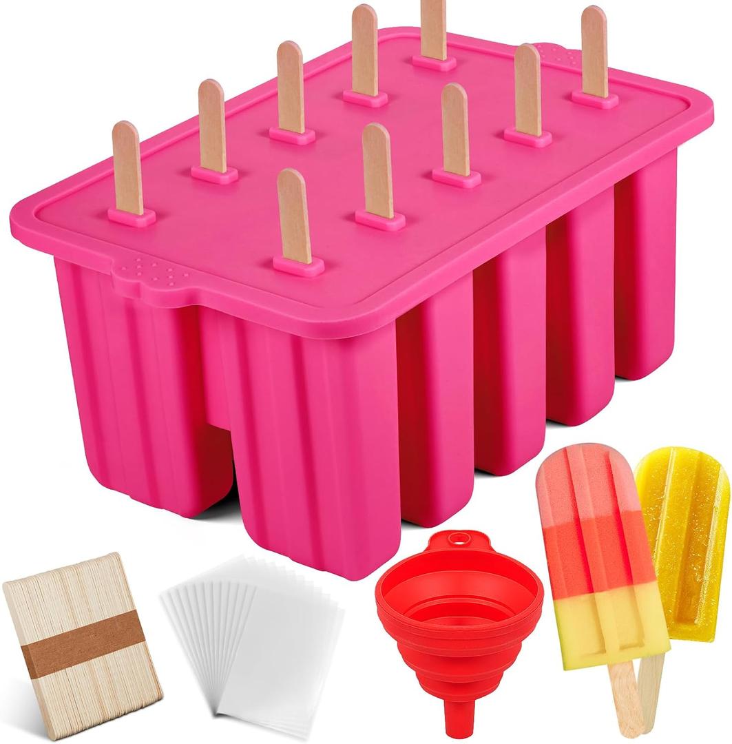 Homemade Popsicles Molds, Food Grade Popsicle Molds for Kids, 10 Cavity Non-BPA Silicone Ice Pop Maker, Reusable Silicone Popsicle Molds with 50 Stick, 50 Bags, Funnel (Pink)
