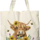 Dlzdn Sunflower Highland Cow Canvas Tote Bag For Women Aesthetic Tote Bag Shopping Grocery Bag Beach Bag Gifts for Women Teacher Bag Reusable Grocery Bag