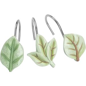 Gibelle 12PCS Leaves Shower Curtain Hooks, Green Plant Leaf Decorative Shower Curtain Hooks Metal Rustproof Cute Eucalyptus Shower Curtain Rings Bathroom Decoration Accessories