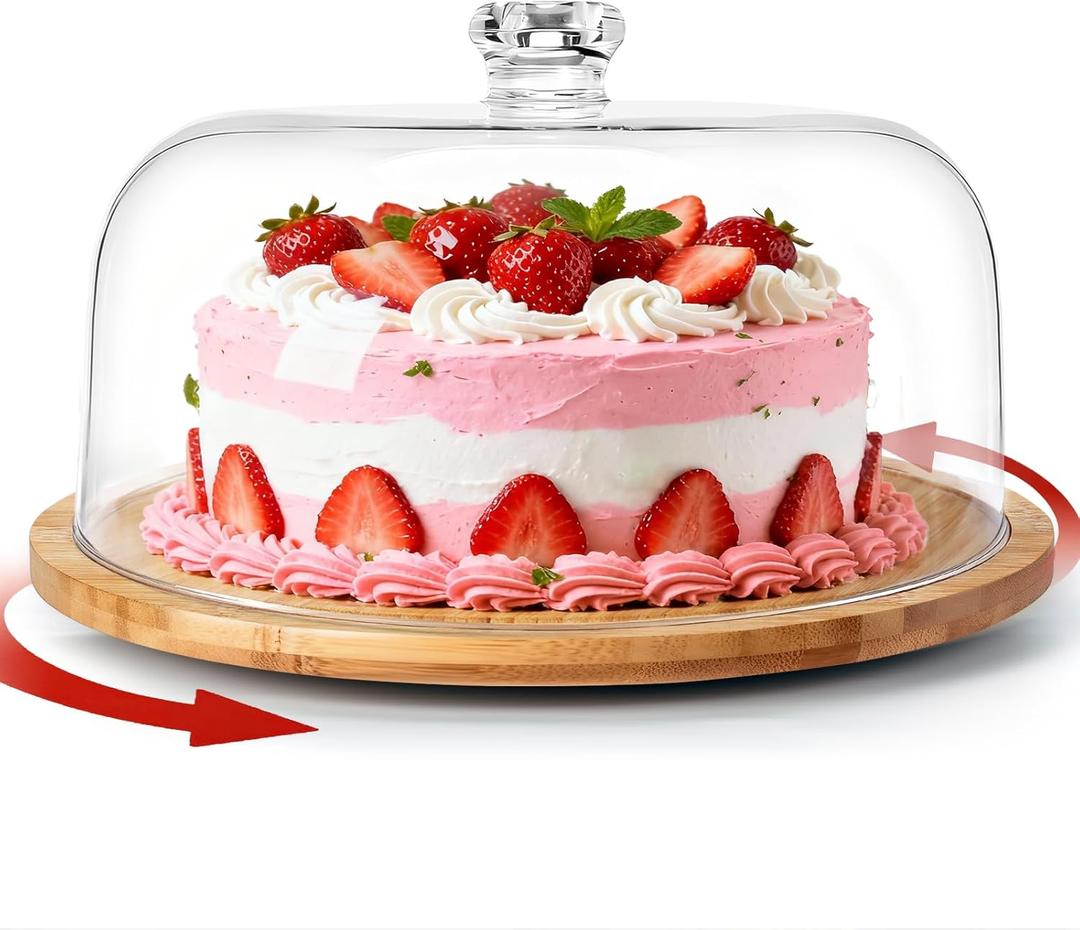 Masthome Bamboo Christmas Cake Stand with Lid, Rotating Cake Holder with Dome, Dessert Table Display Set with Clear Cover, BPA Free Cake Plate with Cover for Birthday/Kitchen/Party/Charcuterie