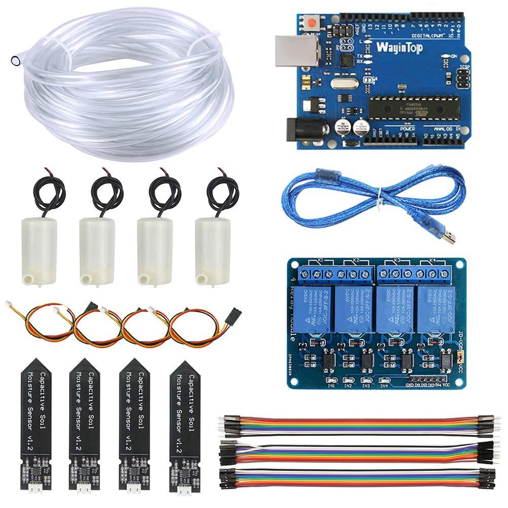 Upgrade Automatic Irrigation DIY Kit Self Watering System for Garden Plant, Development Board + 4pcs Soil Moisture Sensor + 4 Channel Relay + 4pcs Water Pump + 5M Vinyl Tubing + Jumper Wire