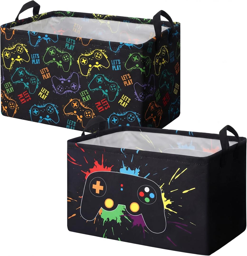 2 Pcs Gamer Laundry Basket Hamper Foldable Rectangle Kids Laundry Baskets Boys Hamper Waterproof Game Joystick Storage Basket Clothes Toys Organizer for Boys Bedroom Gifts