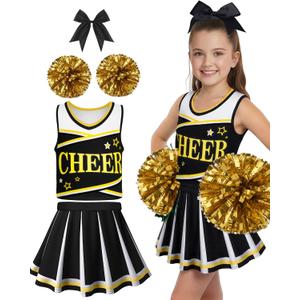 JenPen Cheerleader Costume for Cute Cheerleading Outfit Cheer Uniform for Halloween Dress Up with Accessories (L(7-9year), Black)