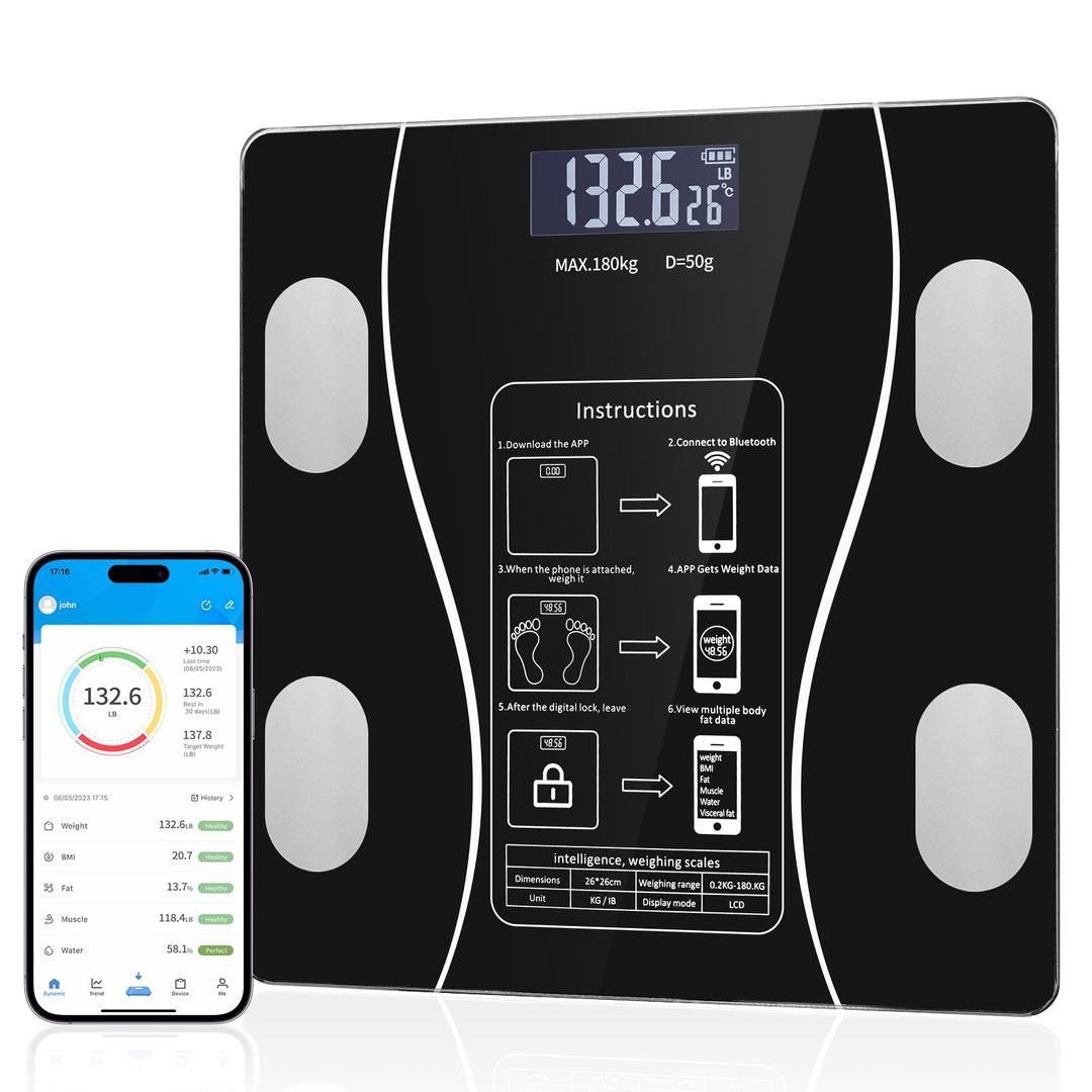 Bluetooth Smart Scale for Body Weight - Measures Weight, BMI, Body Fat, Muscle Mass | Bluetooth Sync to Fitness Apps | Accurate Home Health Monitor