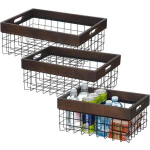 Set of 3 Metal Wire Baskets for Organizing Wood Top with Handles Storage Organizer Farmhouse Decor for Kitchen Cabinets Pantry Laundry Room Bathroom Closets Nesting Countertop Baskets (Chestnut Brown)