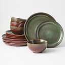 Pokini Stoneware Dinnerware Sets Service for 4, 12 pcs Reactive Glaze Plates and Bowls Sets, Handmade Ceramic Dish Set, Highly Chip and Crack Resistant Modern Plate Set, Brown Green