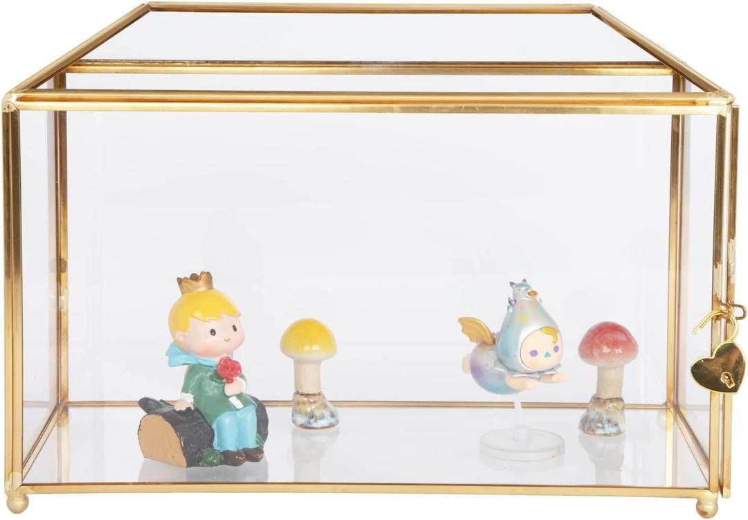 Golden Glass Lidded Box Decorative Jewelry Display Box Brass Clear Glass (Golden/Roof, 12.6" L x 5.9" W x 9" H)