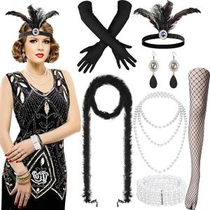 Shinymoon 1920s Flapper Dress for Women Costume Halloween Vintage Fringed Sequin Dress with 20s Accessories Set,  Medium