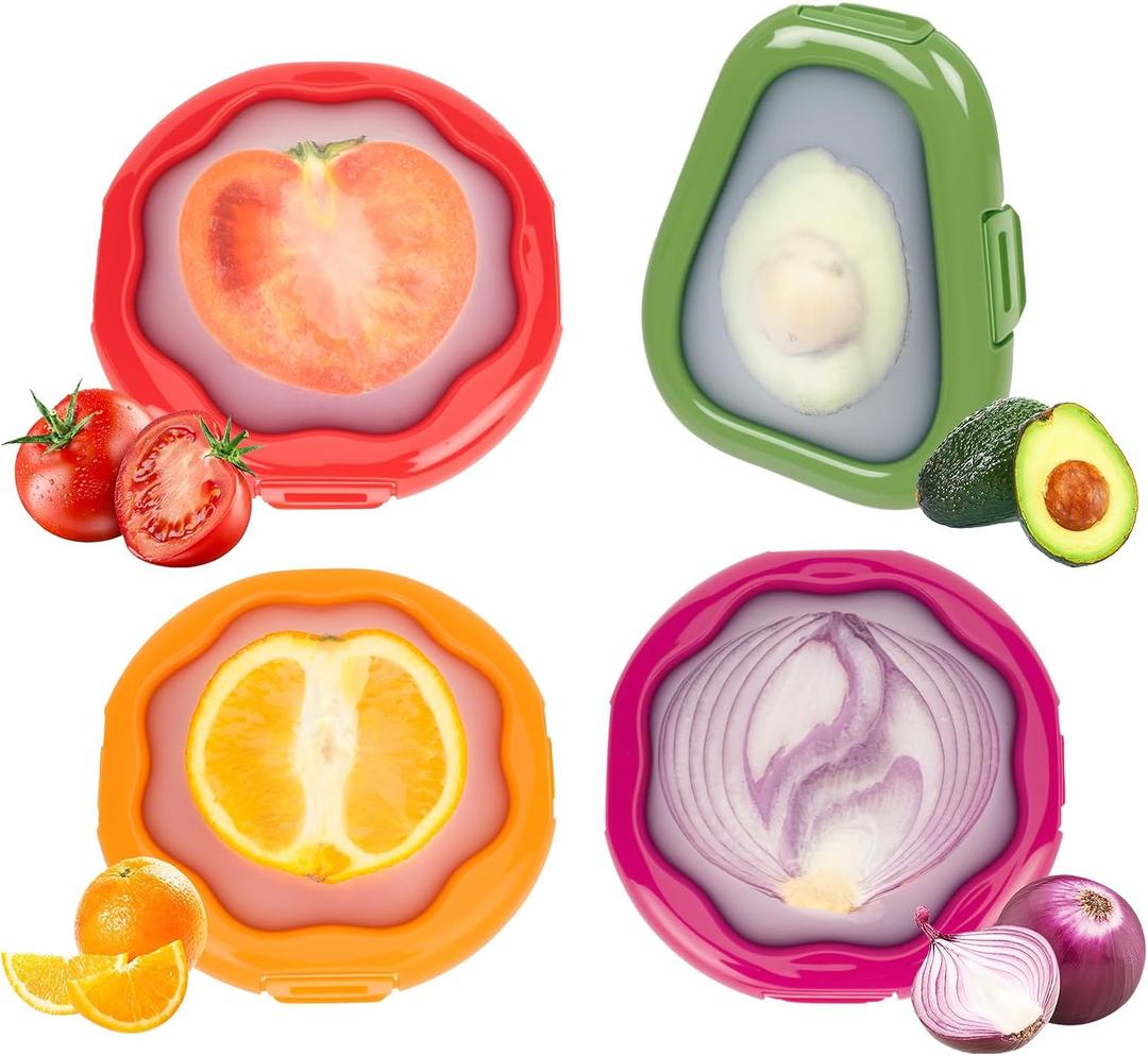 TQRR Set of 4 Reusable Silicone Food Storage Containers for fridge - Fruit and Vegetable Storage, Avocado Saver, Ideal for Apple, Onion, Tomatoes, Lemons, Orange and Potatoes