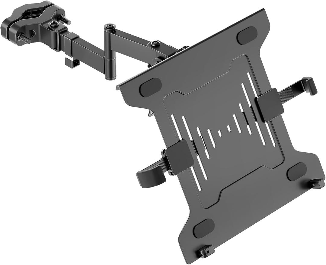 monTEK 2-in-1 Universal Laptop Pole Mount Tray for 10”- 15.6” Notebook or 17”-32” Monitor, Full Motion Laptop Mount with Removable 75/ 100mm VESA Plate, Fits 1.1”-2.4” Pole Diameter, Black