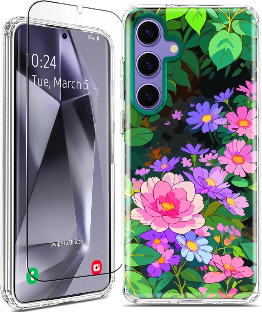 Coolwee for Samsung Galaxy S24 Plus Case with Screen Protector (6.6 FT Military Drop Protection) Women Girls Slim Hard Back Soft TPU Bumper for Samsung S24 Plus Case Green Tropical Purple Pink Floral (Blossoms with palm leaves)